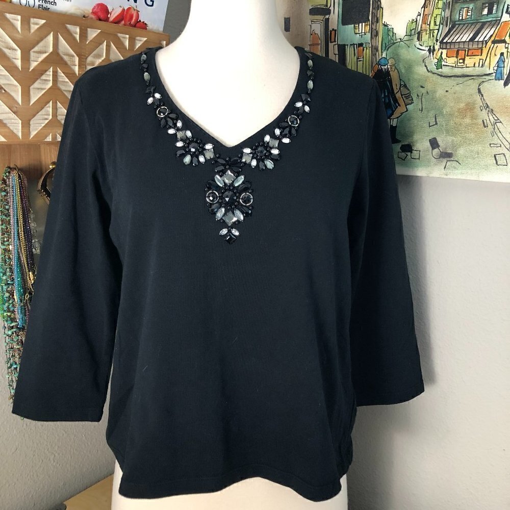 Ruby Rd Black With Silver Beaded Neckline Top Wom… - image 1